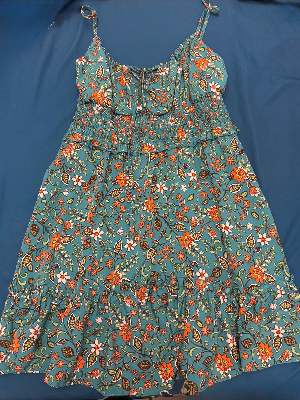 SHEIN Teal Floral Sundress with Orange Accents